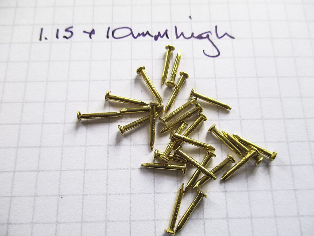 Brass coated Mini Nails Brads 1.15mm x 8mm, or 10mm long for wood, leatherwork