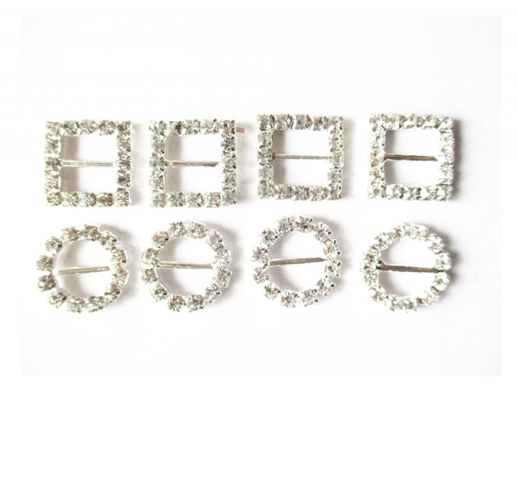 Round or Square Silver Rhinestone Buckles, Ribbon Slides