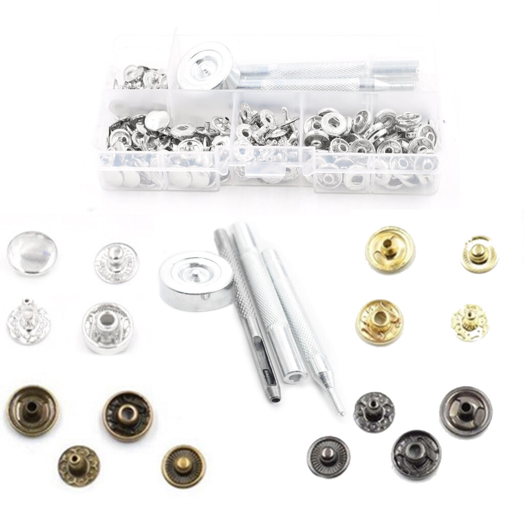  Snap fasteners 10mm in case w hand setter, hole punch, 50 snaps