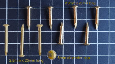 Brass Nails M2.8 x 20 or 25mm long Head Diam 6mm Pkt 20