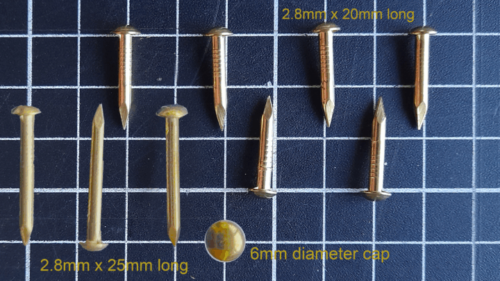 Brass Nails M2.8 x 20 or 25mm long Head Diam 6mm Pkt 20